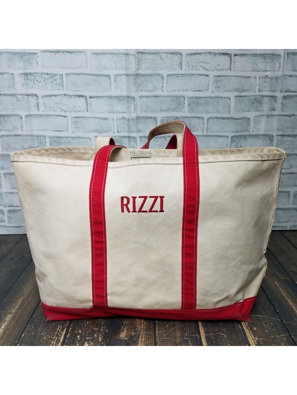LL BEAN Canvas Boat & Tote Bag LARGE Size Red Straps with "RIZZI" Made In USA
